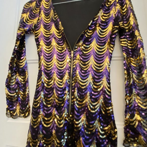 Fancy Cocktail Christmas New Year Sequins Mini Dress size XS Black Gold Purple - Picture 3 of 9